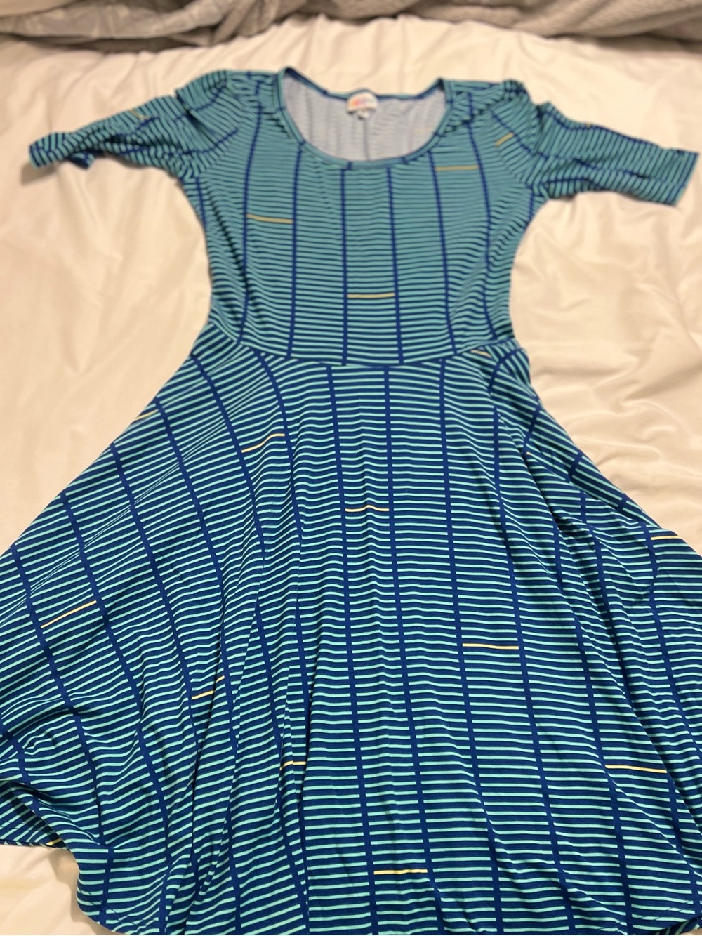 LuLaRoe Blue Striped Long Sleeve Fit-and-Flare Dress